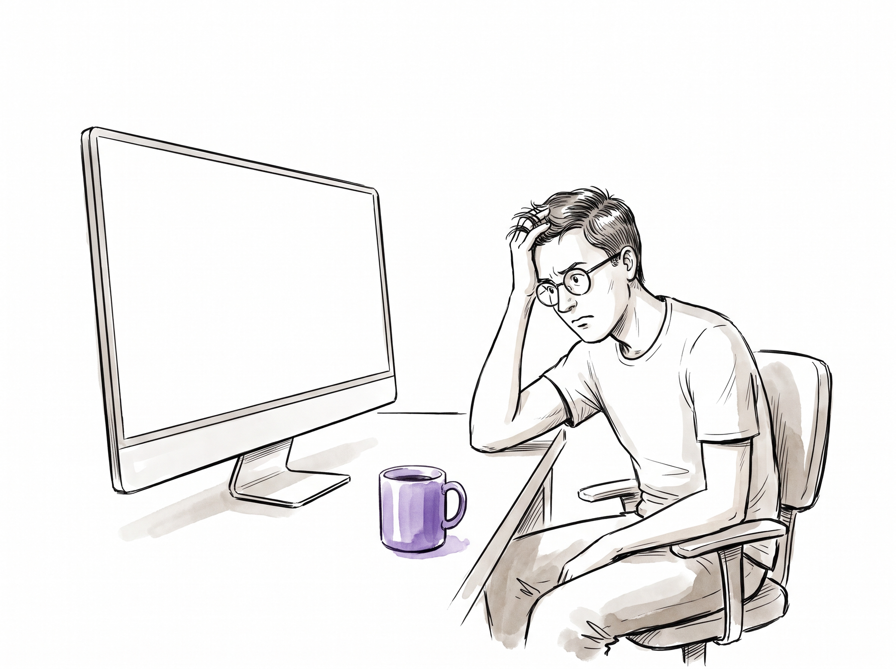 Sketch of a founder frowning at three purchase numbers that don't match